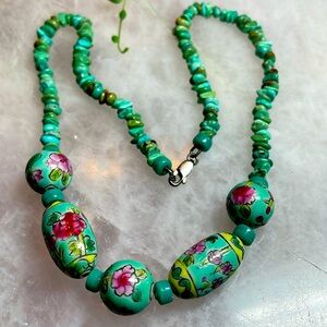Chinese handcrafted beads with turquoise and sterling silver clasp